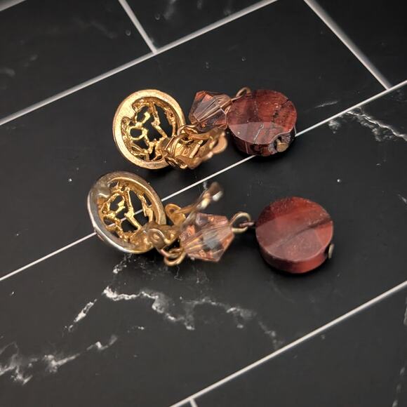 Vintage Birch Hill Clip On Earrings Brown Semi Precious Dangle - Fair Condition - Picture 6 of 11